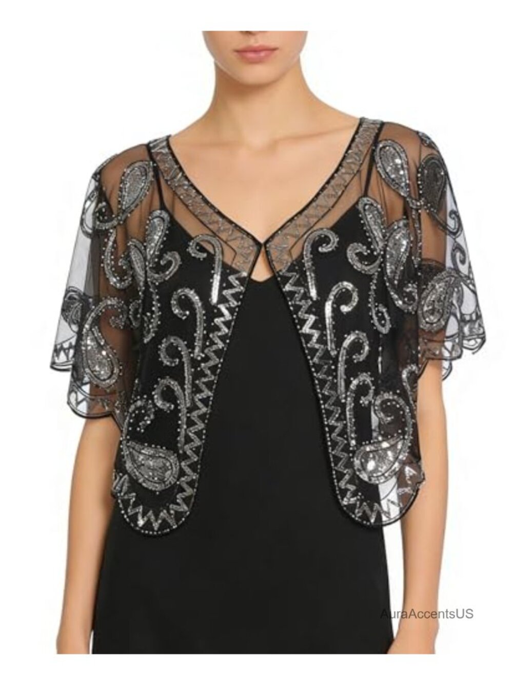 1920s Beaded Capelet Sequin Chiffon Lace Formal Shoulder Wrap Shawl